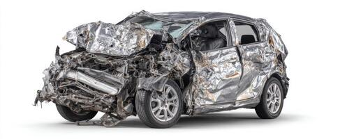 The damaged vehicle showcasing severe collision impacts and metal deformation. photo