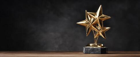 The gold star trophy representing excellence and achievement on a dark background. photo