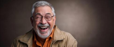 The joyful elderly man smiling broadly in a warm, inviting portrait. photo