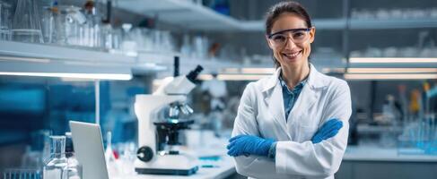 The scientist smiling confidently in a modern laboratory environment. photo
