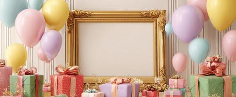 The festive scene with colorful balloons, gifts, and an empty frame backdrop. photo