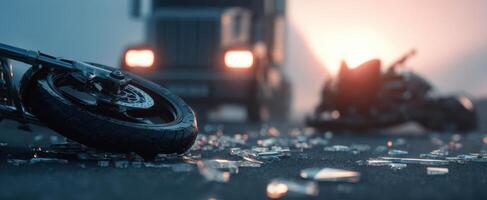 The aftermath of a serious motorcycle accident on a foggy road. photo