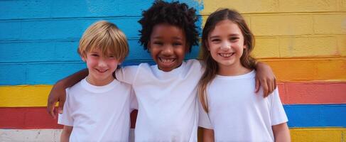 The joyful group of children smiling against a colorful mural background. photo
