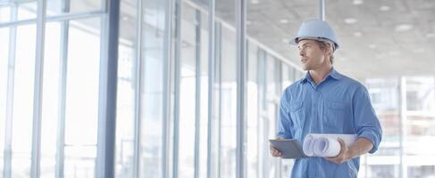 The engineer holding blueprints and a tablet in a modern construction site. photo