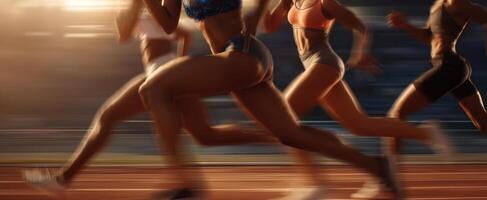 The dynamic energy of female runners sprinting on a track at sunset. photo