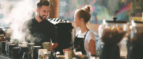 A man and woman are standing in front of a coffee machine photo