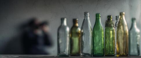 The arrangement of colorful glass bottles on a rustic surface with a blurred background. photo