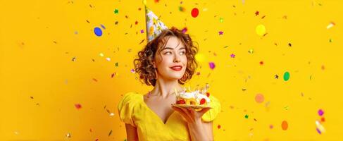 The joyful woman celebrating a birthday with cake and colorful confetti. photo