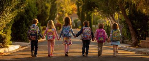 The group of children walking together down a tree-lined street. photo