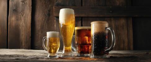 The assortment of beer glasses showcasing various styles and colors on a wooden table. photo