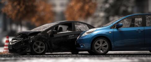 The aftermath of a car accident featuring a blue and black vehicle. photo