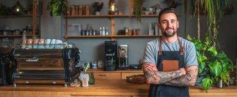 A man with tattoos standing in front of a coffee shop photo