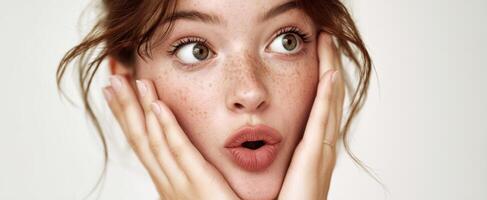 The surprised girl expressing joy and wonder with her hands on her face photo