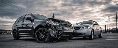 The damaged vehicles after an accident in an urban landscape under dramatic skies. photo