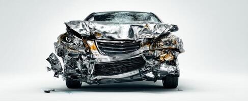 The damaged car showcasing severe destruction after a collision accident. photo