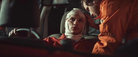 The dramatic moment of care between injured victim and responder in a car. photo