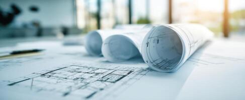 The architectural blueprints rolled out on a modern workspace table. photo