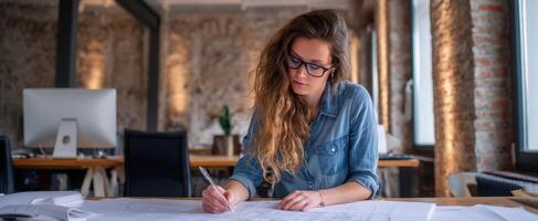The woman architect working diligently on blueprints in a modern workspace. photo