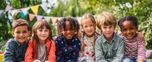 The group of happy children enjoying a sunny day outdoors in a park. photo