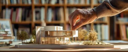 The hand carefully adjusts a detailed architectural model in a creative workspace. photo