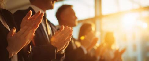 The audience applauding in a warm sunset-lit setting during a corporate event. photo