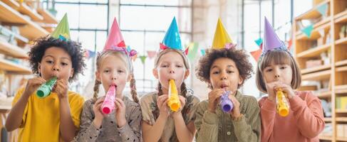 The joyful group of children celebrating with colorful party hats and noisemakers. photo