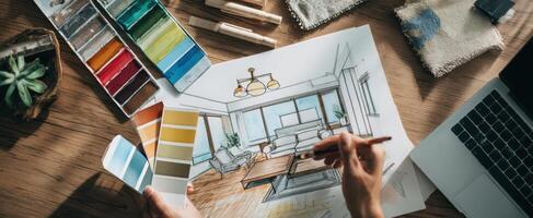 The creative workspace featuring an interior design sketch and color palettes. photo