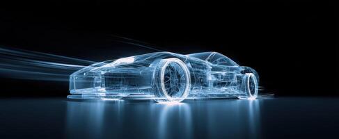 The futuristic car design illuminated by vibrant light trails in a digital world. photo