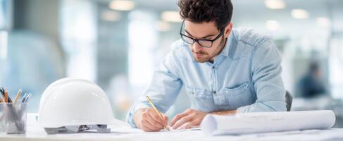 The architect working diligently on blueprints at a modern workspace. photo
