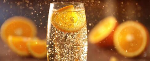 The sparkling drink with citrus slices creating a refreshing summer vibe. photo