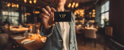 The elegant woman holds a VIP card in a luxurious restaurant setting. photo