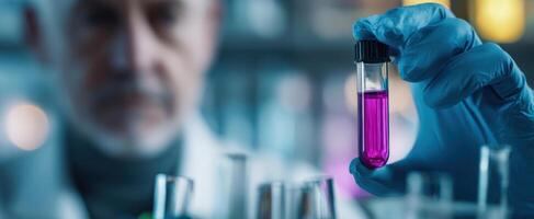 The scientist holding a test tube filled with vibrant purple liquid. photo