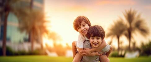 The joyful moment of two boys playing together in the sunset. photo