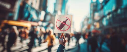 The hand holding a protest sign against bottle use in a busy city. photo