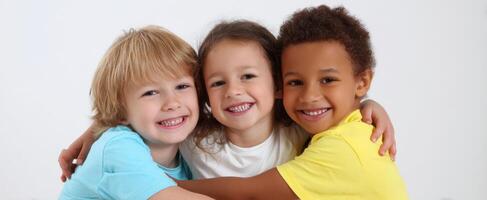 The joyful children sharing a warm embrace and bright smiles. photo