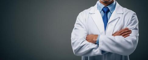 The doctor confidently poses in a professional white coat against a dark background. photo