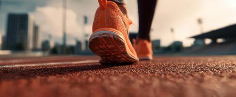 The runner's determination captured in vibrant orange footwear on the track. photo