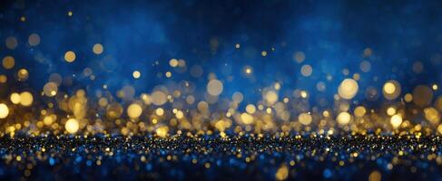 The mesmerizing sparkle of golden bokeh against a dreamy blue background. photo