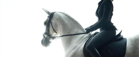 The elegant rider atop a magnificent white horse in a tranquil silhouette. photo