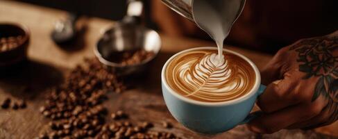 The art of latte pouring in a cozy coffee shop setting. photo