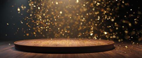 The shimmering stage surrounded by elegant golden lights in a festive atmosphere. photo
