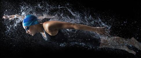 The swimmer gliding through water creating dynamic splashes and showcasing athleticism. photo