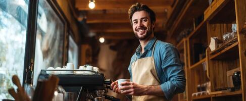 A smiling man in apron standing in front of a coffee machine photo