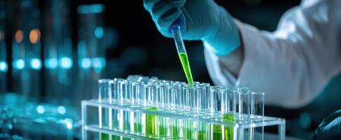 The laboratory scientist conducting experiments with test tubes and fluorescent liquids. photo
