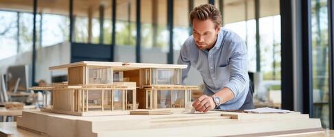 The architect meticulously examining a wooden model of a contemporary building design. photo