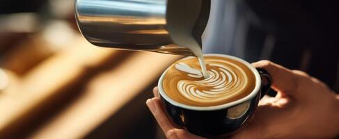 The steaming coffee cup prepared with intricate latte art and expert pouring techniques. photo