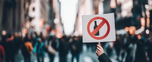 The protester holding a no bottle sign amidst a bustling crowd in the city. photo