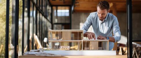The architect meticulously examines a wooden model of a contemporary house design. photo