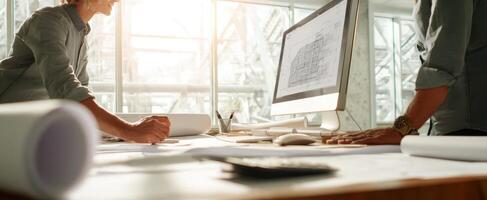 The collaborative workspace of architects planning a project with technology and design. photo