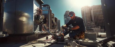 The technician performing maintenance on HVAC units atop a bustling city rooftop. photo